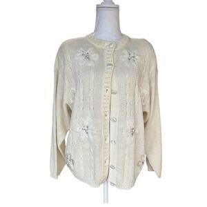Norton McNaughton Petite Women's Flower Embroidered Knit Cardigan Ivory Medium